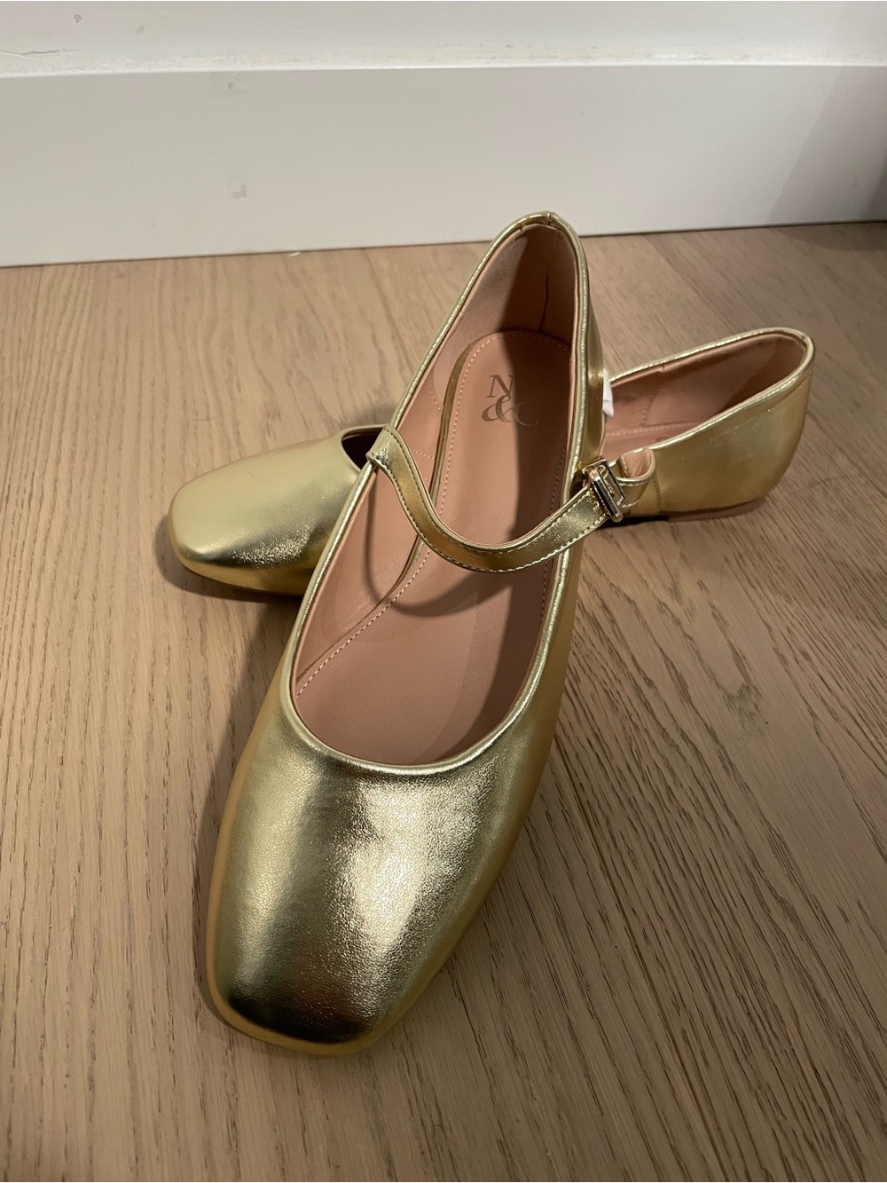 New York & Company Metallic Gold Square Toe Mary Jane Flats